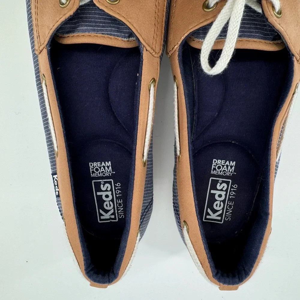 Keds Coastal Preppy Boat Shoes Navy Stripe Tan Trim Lace Up Comfort Size 8 Foam